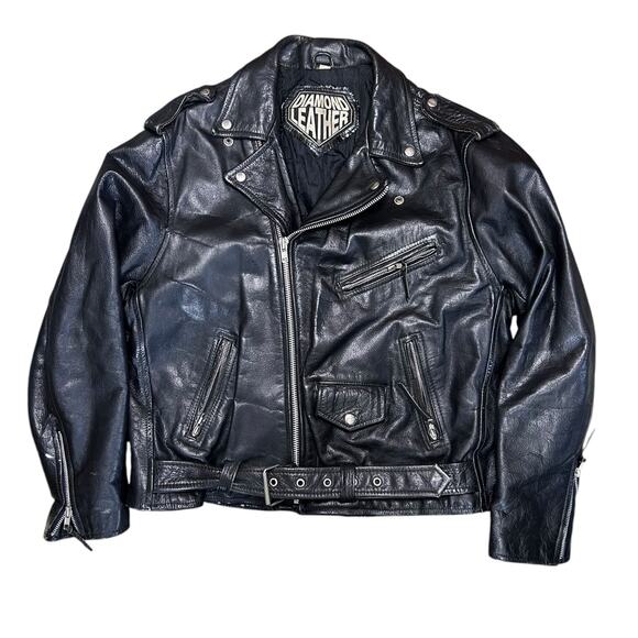 Diamond Leather Other - Diamond Leather Black Moto Jacket Motorcycle Biker Style size 48 Vintage Zip Up